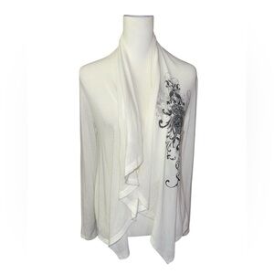 Urban X Waterfall Open Front White Knit Cardigan sweater with tribal graphic OS